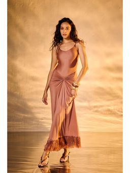 Lea Clothing - Mauve Knot Fringe Midi Skirt
