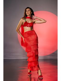 Lea Clothing - Laal Mirchi Red Fringe Maxi Skirt