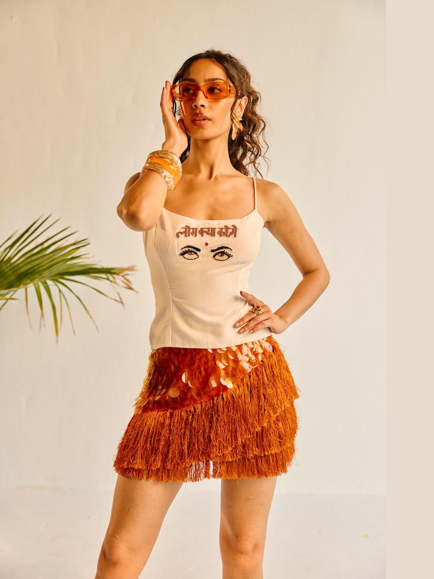 lea clothing Orange Fringe and Palette Mini Skirt-picture-26