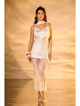 Lea Clothing - White Satin Fringe Longline Top and Scarf