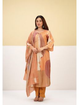 Pratapsons - Terracota Abstract Printed Linen Rust Pant Set WIth Dupatta