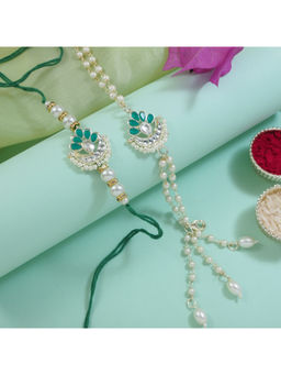 I Jewels - Green Kundan Pearl Bhaiya Bhabhi Rakhi & Bracelet with Roli Chawal
