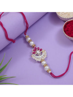 I Jewels - Pink Designer Kundan Pearl Rakhi with Roli Chawal & Rakshabandhan Card