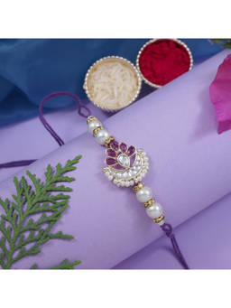 I Jewels - Wine Designer Kundan Pearl Rakhi with Roli Chawal & Rakshabandhan Card