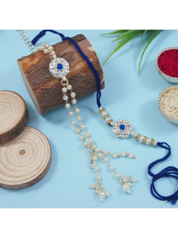 I Jewels - Blue Kundan Pearl Bhaiya Bhabhi Rakhi & Bracelet with Roli Chawal