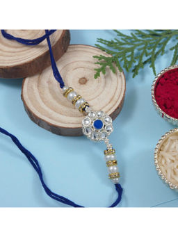 I Jewels - Blue Designer Kundan Pearl Rakhi with Roli Chawal & Rakshabandhan Card