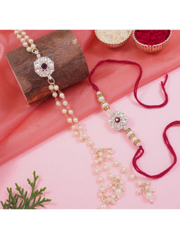 I Jewels - Maroon Kundan Pearl Bhaiya Bhabhi Rakhi, Bracelet with Roli Chawal & Greeting Card