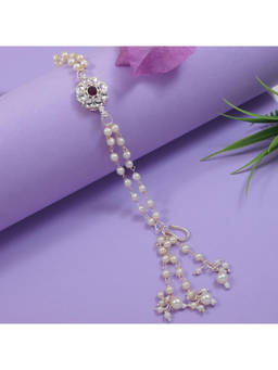 I Jewels - Wine Floral Shaped Kundan & Pearl Bracelet Rakhi with Roli Chawal