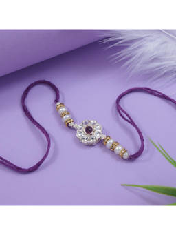 I Jewels - Wine Designer Kundan Pearl Bhaiya Rakhi with Roli Chawal & Rakshabandhan Card