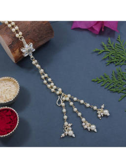 I Jewels - Grey Floral Shaped Kundan & Pearl Bracelet Rakhi with Roli Chawal