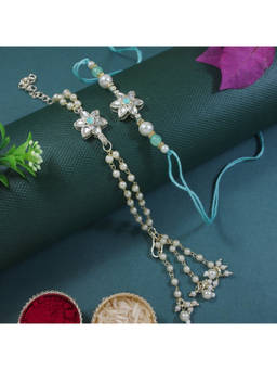 I Jewels - Green Kundan Pearl Bhaiya Bhabhi Rakhi & Bracelet with Roli Chawal