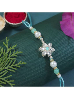 I Jewels - Green Designer Kundan Pearl Bhaiya Rakhi with Roli Chawal & Rakshabandhan Card