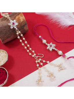 I Jewels - Pink Kundan Pearl Bhaiya Bhabhi Rakhi, Bracelet with Roli Chawal & Greeting Card