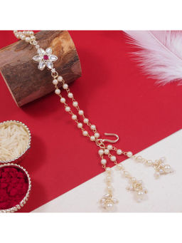I Jewels - Pink Floral Shaped Kundan & Pearl Bracelet Rakhi with Roli Chawal