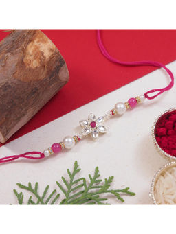 I Jewels - Pink Designer Kundan Pearl Bhaiya Rakhi with Roli Chawal & Rakshabandhan Card