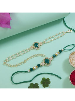 I Jewels - Green Kundan & Pearl Bhaiya Bhabhi Rakhi & Bracelet with Roli Chawal