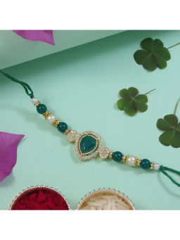 I Jewels - Green Designer Kundan Pearl Bhaiya Rakhi with Roli Chawal with Rakshabandhan Card