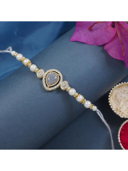 I Jewels - Grey Designer Kundan Pearl Bhaiya Rakhi with Roli Chawal with Rakshabandhan Card