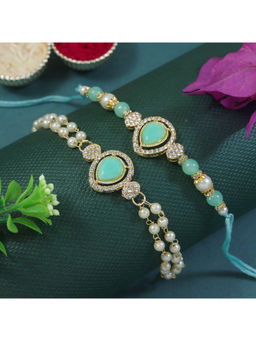 I Jewels - Green Kundan & Pearl Bhaiya Bhabhi Rakhi & Bracelet with Roli Chawal