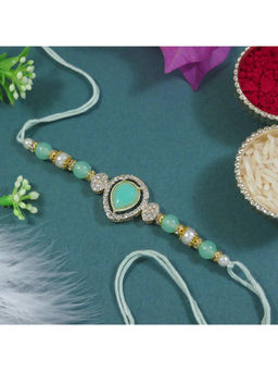 I Jewels - Green Designer Kundan Pearl Bhaiya Rakhi with Roli Chawal with Rakshabandhan Card