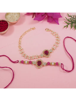 I Jewels - Pink Kundan & Pearl Bhaiya Bhabhi Rakhi & Bracelet with Roli Chawal