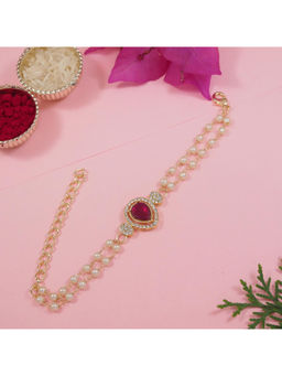 I Jewels - Pink Drop Shaped Kundan & Pearl Bracelet Rakhi with Roli Chawal