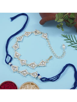I Jewels - Blue Kundan Pearl Bhaiya Bhabhi Rakhi & Bracelet with Roli Chawal