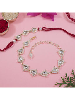 I Jewels - Maroon Kundan Pearl Bhaiya Bhabhi Rakhi, Bracelet with Roli Chawal & Greeting Card