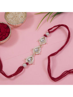 I Jewels - Maroon Designer Kundan Pearl Bhaiya Rakhi with Roli Chawal & Rakshabandhan Card