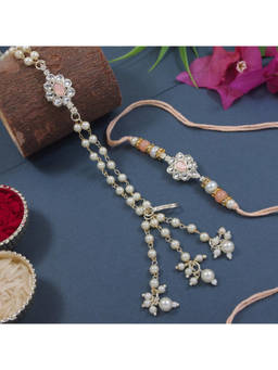 I Jewels - Peach Kundan Pearl Bhaiya Bhabhi Rakhi, Bracelet with Roli Chawal & Greeting Card