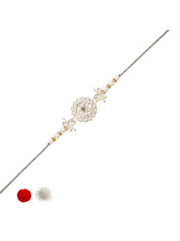 I Jewels - Grey Designer Kundan Pearl Rakhi with Roli Chawal & Rakshabandhan Card