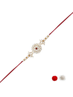 I Jewels - Maroon Designer Kundan Pearl Rakhi with Roli Chawal & Rakshabandhan Card