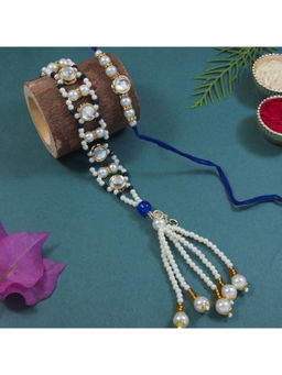I Jewels - Blue Kundan Pearl Bhaiya Bhabhi Rakhi & Bracelet with Roli Chawal