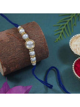 I Jewels - Blue Designer Kundan Pearl Rakhi with Roli Chawal & Rakshabandhan Card