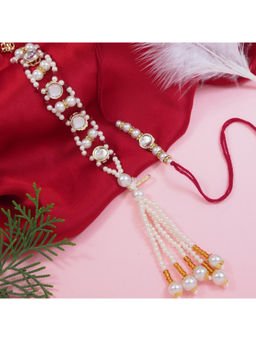 I Jewels - Red Kundan Pearl Bhaiya Bhabhi Rakhi, Bracelet with Roli Chawal & Greeting Card