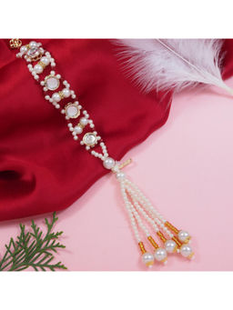 I Jewels - Maroon Round Shaped Kundan & Pearl Bracelet Rakhi with Roli Chawal