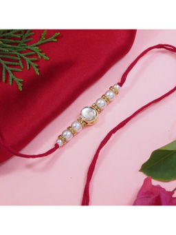 I Jewels - Red Designer Kundan Pearl Rakhi with Roli Chawal & Rakshabandhan Card