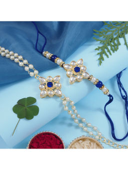 I Jewels - Blue Kundan Pearl Bhaiya Bhabhi Rakhi & Bracelet with Roli Chawal