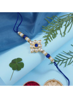 I Jewels - Blue Designer Kundan Pearl Rakhi with Roli Chawal & Rakshabandhan Card