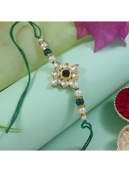 I Jewels - Green Designer Kundan Pearl Rakhi with Roli Chawal & Rakshabandhan Card