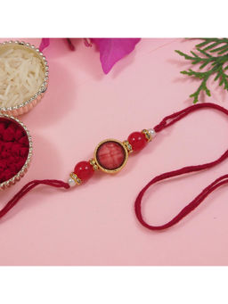 I Jewels - Red Designer Pearl Beaded Bhaiya Rakhi with Roli Chawal & Rakshabandhan Greeting Card