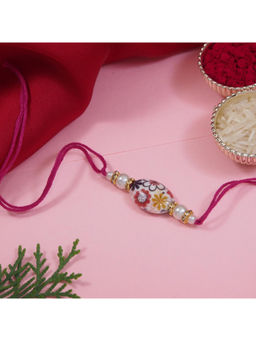 I Jewels - Pink Designer Bhaiya Rakhi with Roli Chawal & Rakshabandhan Greeting Card