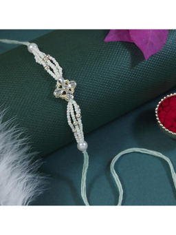 I Jewels - Blue Designer Pearl Beaded Bhaiya Rakhi with Roli Chawal & Greeting Card