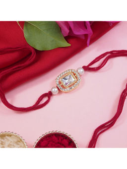 I Jewels - Maroon Designer Kundan Pearl Bhaiya Rakhi with Roli Chawal & Rakshabandhan Card