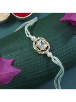 I Jewels - Blue Designer Kundan Pearl Bhaiya Rakhi with Roli Chawal & Rakshabandhan Card
