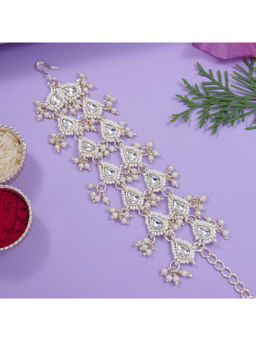 I Jewels - White Drop Shaped Kundan & Pearl Bracelet Rakhi with Roli Chawal