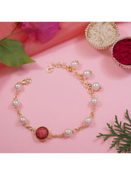 I Jewels - Red Round Shaped Kundan & Pearl Bracelet Rakhi with Roli Chawal