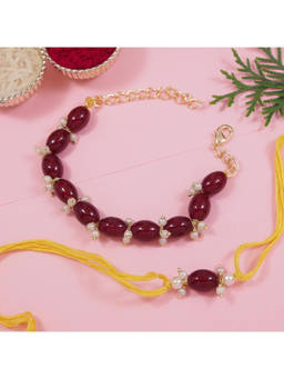 I Jewels - Maroon Pearl Bhaiya Bhabhi Rakhi, Bracelet with Roli Chawal & Greeting Card