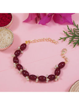 I Jewels - Maroon Kundan & Pearl Bracelet Rakhi with Roli Chawal