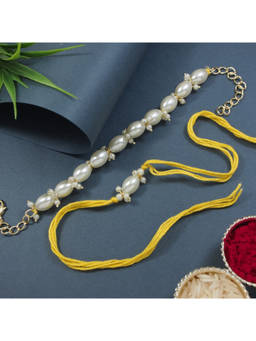 I Jewels - Yellow Pearl Bhaiya Bhabhi Rakhi & Bracelet with Roli Chawal